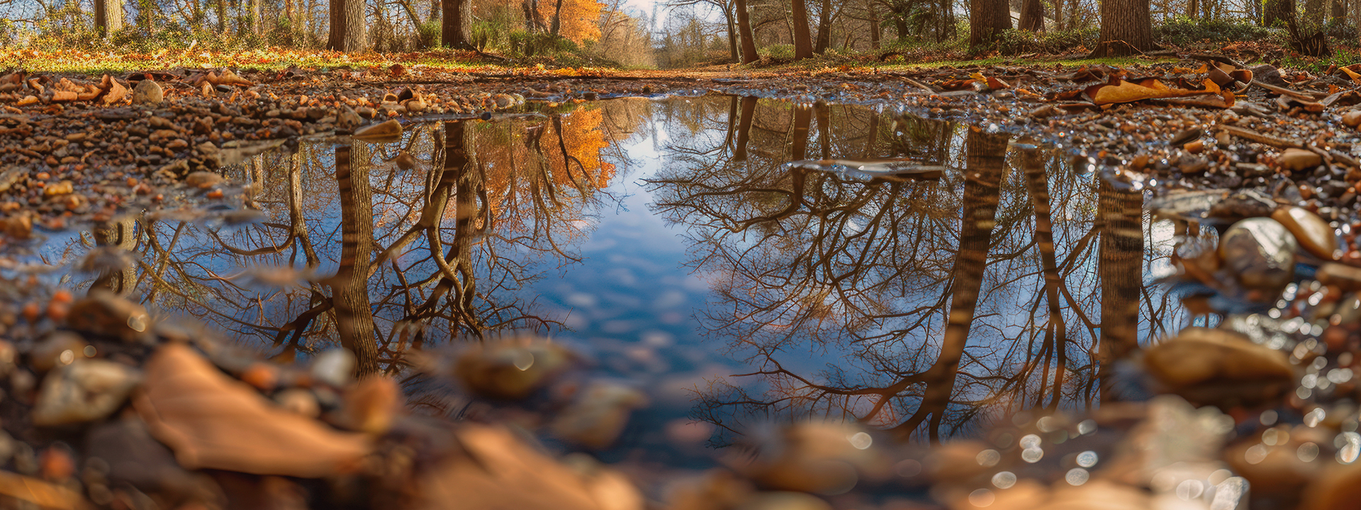 Autumn forest trees reflected in a shallow wetland pool in a peatland forest